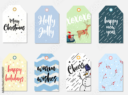 Christmas gift tags set. Vector illustration. Creative Hand Drawn textures for winter holidays. Bright colors.