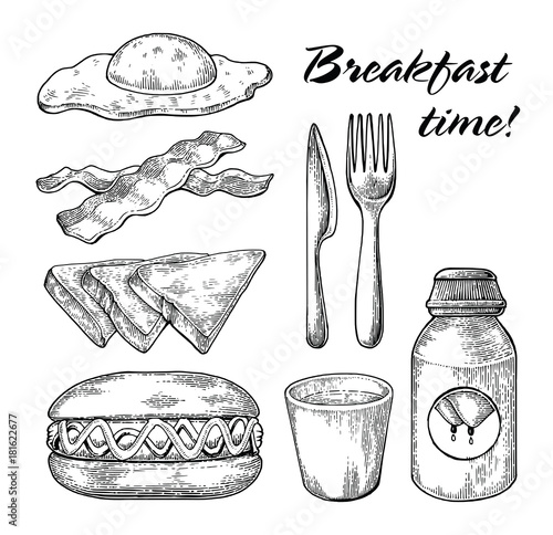 Breakfast set hand drawing black and white line on white background