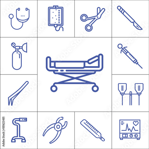 Hospital tools or accessories isolated flat linear vector icon set