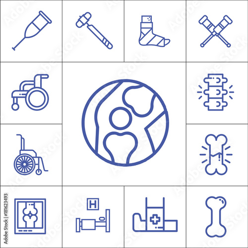 Bones, hospital, traumatology items, isolated flat linear vector icons