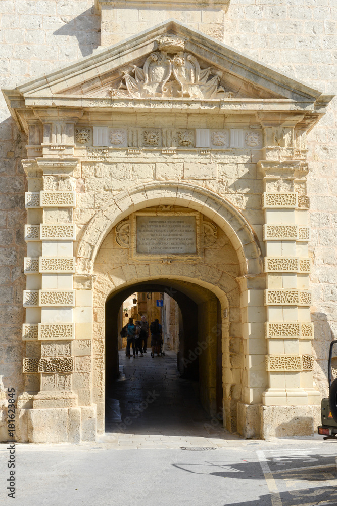Entrance gate to Mdina, a fortified medieval city in Malta.