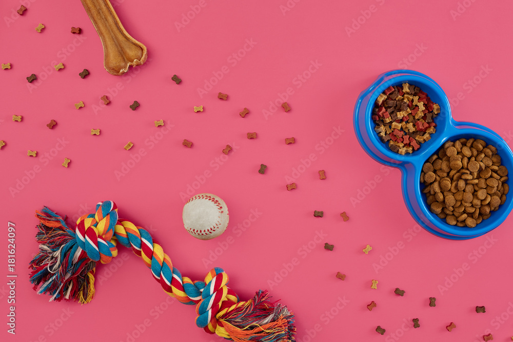 Naklejka premium Toys -multi coloured rope, ball, dry food and bone. Accessories for play on pink background top view