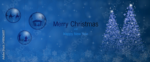 Christmas time. Christmas bowls with Nativity scene and three kings in Christmas landscape.