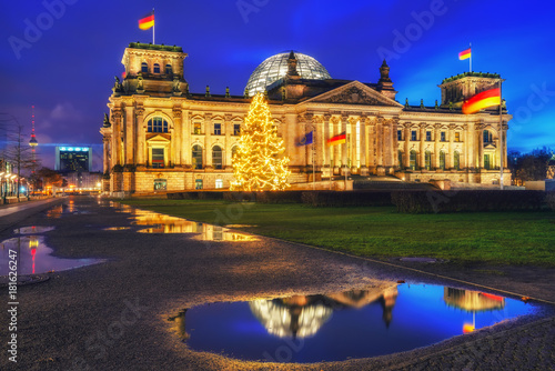 Reichstag christmas tree at night, Berlin, Germany