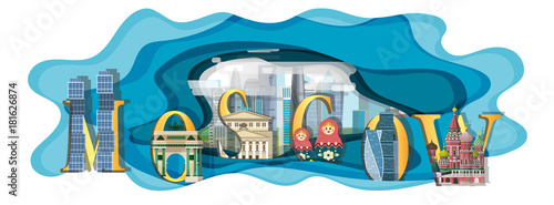 Travel infographic.Moscow infographic,Moscow  lettering and famous landmarks , Russia paper art concept.
