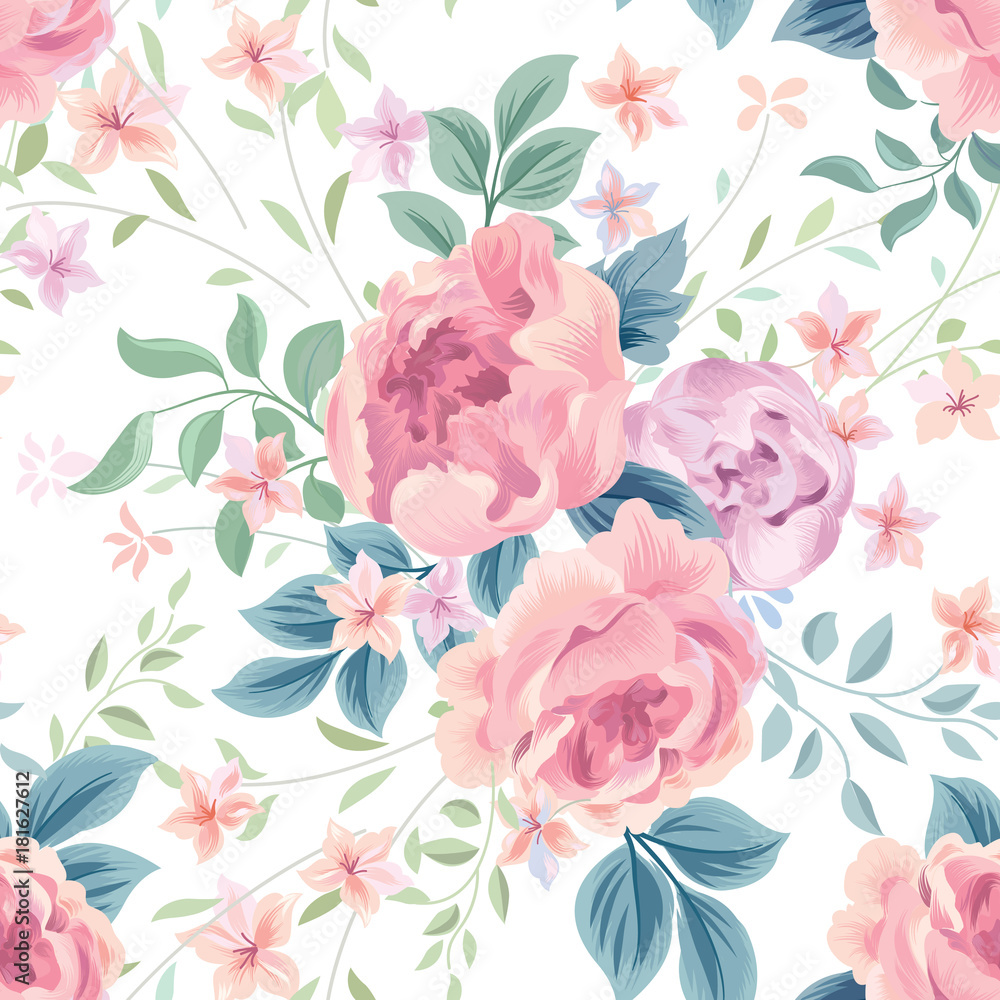 Floral seamless pattern. Flower rose white background. Flourish wallpaper with flowers.
