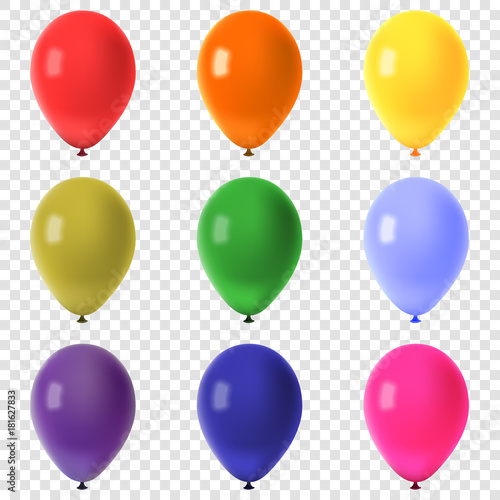 Collection of colorful flying balloons isolated on transparent background, vector illustration