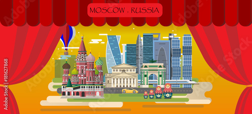 Travel infographic. Moscow infographic tourist sights of Russia, Travel to Moscow presentation template,show on stage ,red curtain