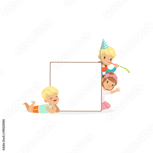 boys and girl characters with white empty message board, kids with placard