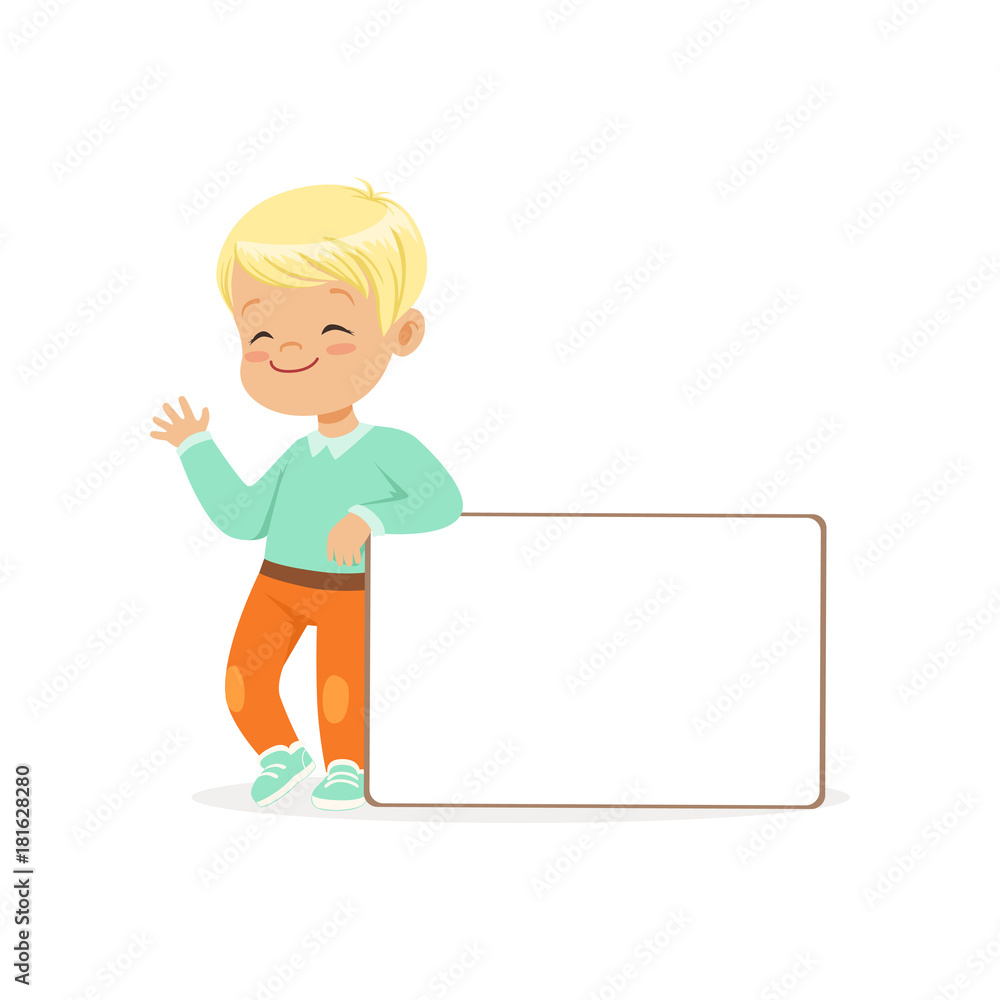 Sweet boy character standing with white empty message board, kid with placard vector Illustration Sweet boy character standing with white empty message board, kid with placard vector Illustration