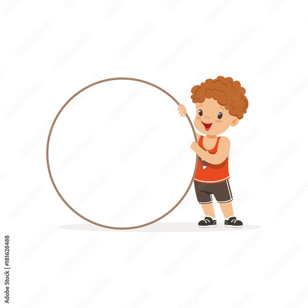 Sweet redhead boy character standing with white circle empty message board, kid with placard vector Illustration Sweet redhead boy character standing with white circle empty message board, kid with placard vector Illustration