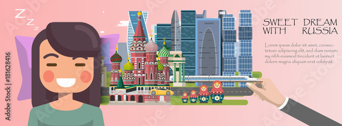 Woman sleep . Sweet dream with Moscow travel concept.Russia infographic