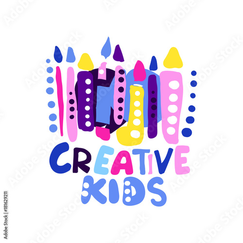 Creative kids logo design, colorful hand drawn labels for kids club, center, school, art studio, toys shop and any other childrens projects vector illustration