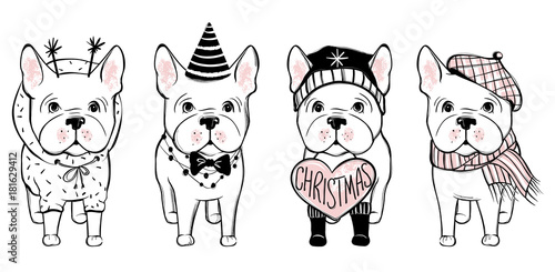 Merry Christmas illustration with funny dog. Hand drawn vector f