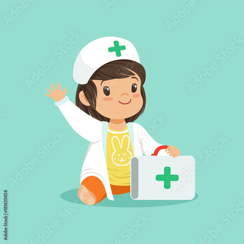 Smiling toddler girl holding medical suitcase and waving hand. Cartoon baby character wearing in doctor s coat and hat