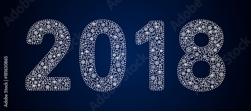 Ажурные белые зимние цифры 2018 (две тысячи восемнадцать), заполненные узором на новогоднюю тему, на темно-синем фоне. Векторная иллюстрация.