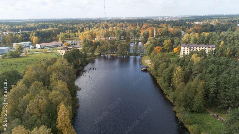 Ulbroka lake Aerial drone top view Latvia