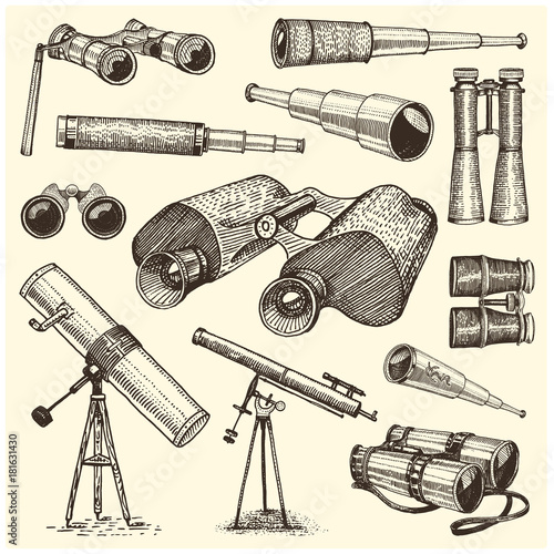 Binocular set monocular vintage, engraved hand drawn in sketch or wood cut style, old looking retro scinetific instrument for exploring and discovering.