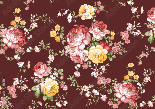 Fototapeta Naklejka Na Ścianę i Meble -  Beautiful rose flower pattern, little flower bouquet vintage with red ground