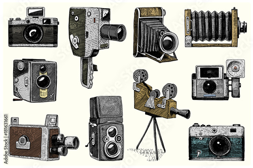 photo logo emblem or label, video, film, movie camera from first till now vintage, engraved hand drawn in sketch or wood cut style, old looking retro lens, isolated vector realistic illustration.