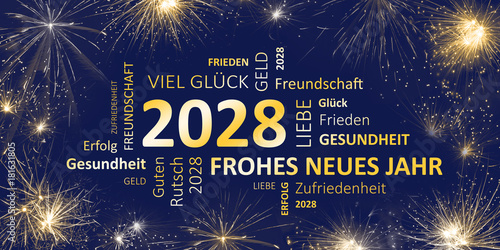 Neujahrsgruß 2028 blau gold mit guten wünschen