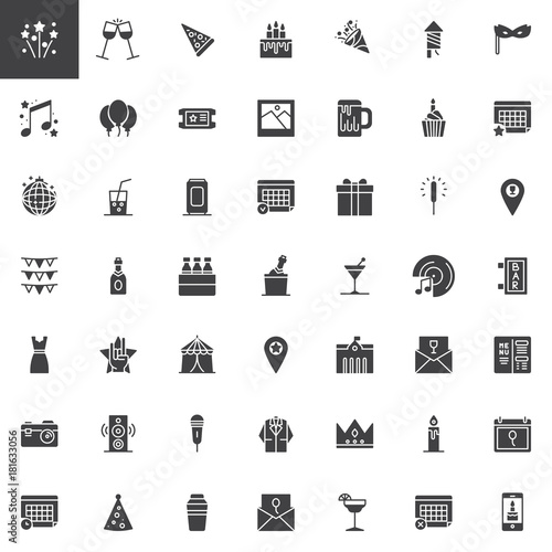 Event, celebration vector icons set, modern solid symbol collection, filled style pictogram pack. Signs, logo illustration. Set includes icons as calendar, cupcake, party card, fireworks, champagne