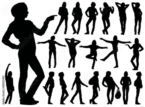 Set of black vector silhouettes of woman in casual dress.