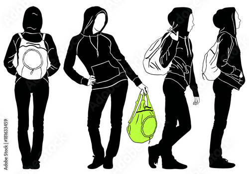 Black silhouette of woman dressed in jeans and hooded jumper.