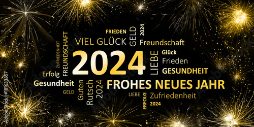 schwarz goldene Silvesterkarte mit Feuerwerk  Frohes neues Jahr 2024