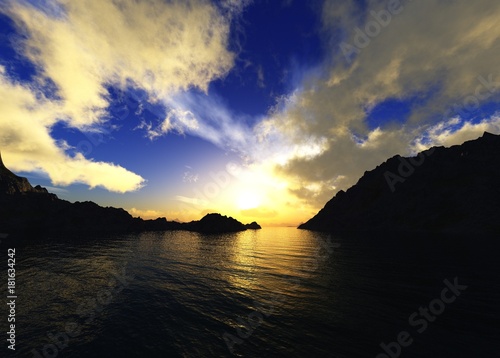 beautiful sunset in the sea, panorama of the sea landscape, water under the sky with clouds 