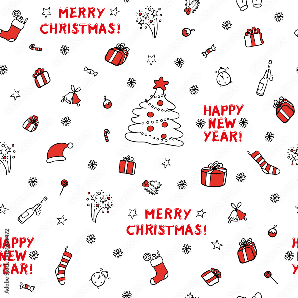 Cute set vector sketch seamless pattern of different xmas objects. Design  background of greeting cards, website, gift wrap Christmas and new year.  Style black contour on white round. Stock Vector | Adobe