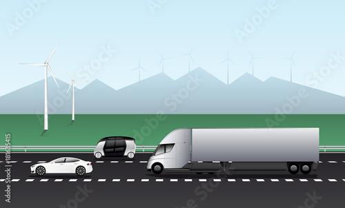 Electric vehicles on the road. Car, truck and autonomous bus. Vector illustration EPS 10