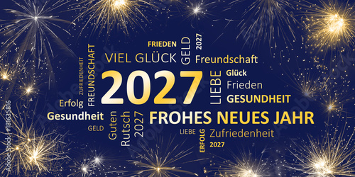 Neujahrsgruß 2027 blau gold mit guten wünschen