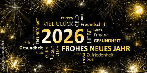schwarz goldene Silvesterkarte mit Feuerwerk  Frohes neues Jahr 2026