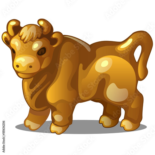 Golden figure of cow. Chinese horoscope symbol. Calendar of 12 animals. Eastern astrology. Sculpture isolated on white background. Vector illustration