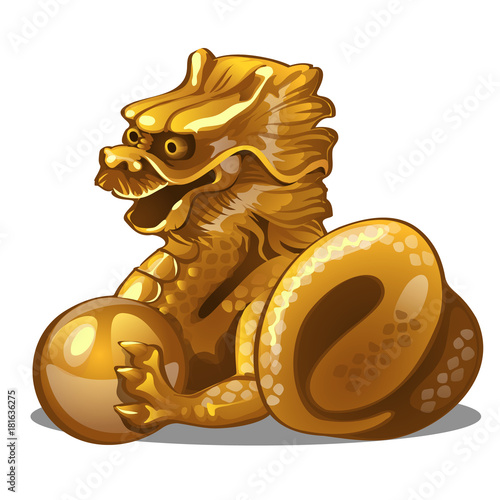 Golden figure of dragon. Chinese horoscope symbol. Calendar of 12 animals. Eastern astrology. Sculpture isolated on white background. Vector illustration