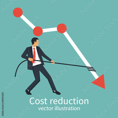 Cost reduction concept. Businessman pulls rope dropping arrow down. Cost down. Decrease arrow graph. Vector illustration flat design. Isolated on background. Declining chart. Down profit.
