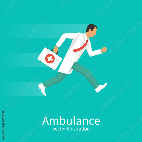 Ambulance concept. Doctor running to help. First aid kit is in hands of medical professional. Vector illustration flat design. Isolated on background. Man in uniform in white robe.