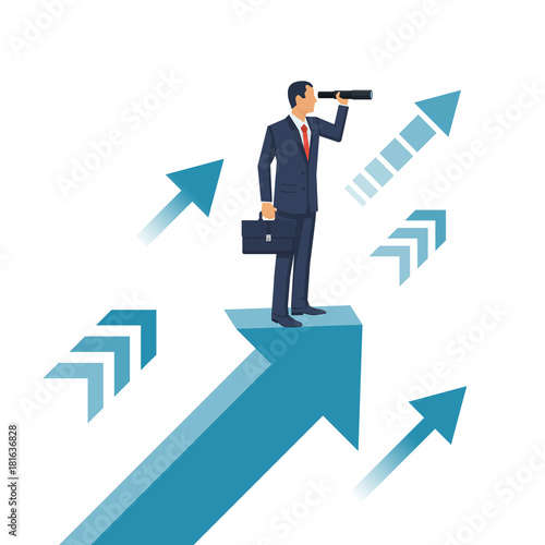 Businessman standing on arrow with telescope in hand. Vision business concept. Looking in future. Vector illustration flat design. Isolated on background. Search solution.
