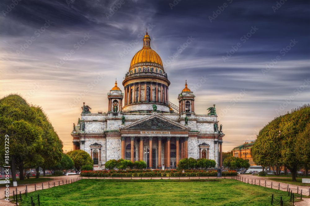 View of Isaac's Cathedral from park square in St. Petersburg.  Text (the quote from Matthew Gospel)  in Old Church Slavonic: Temple is my home, it's for praying.