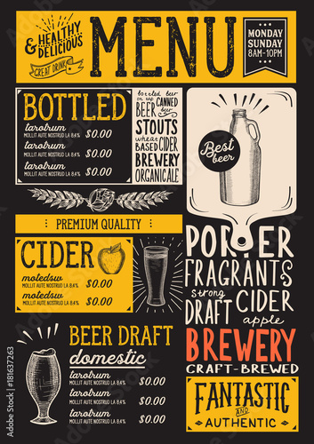 Beer menu restaurant, drink template.