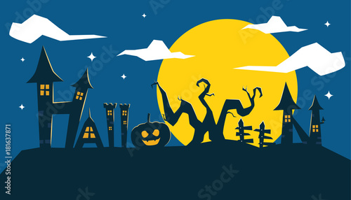 Typography for halloween, gothic haunted house, pumpkin, scary tree, super moon, siluette night illustration background