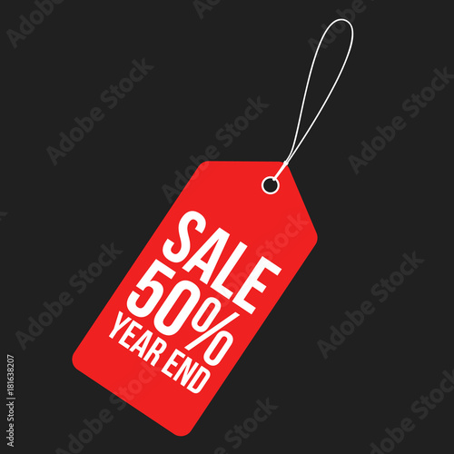 Red sale tag with white text 50% sale end of year, Celebration new year promotion for shopping mall business, store and online store, Flat design vector illustration. isolated on dark grey background.