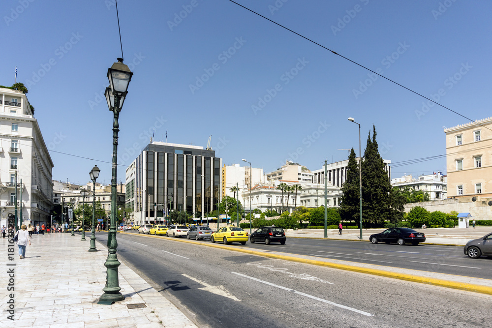 ATHENS, GREECE - May 3, 2017: Street view of  modern buildings in Athens, Greece