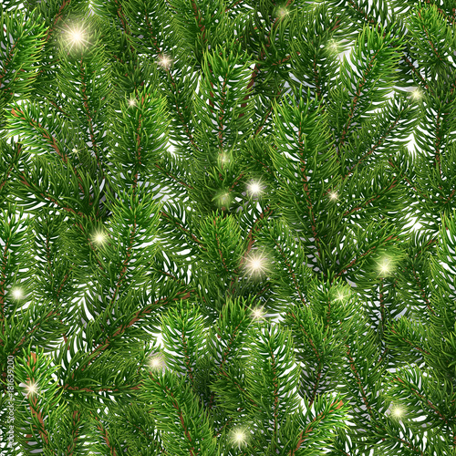 Seamless green pattern from Christmas tree branches. Realistic illustration. Golden glowing stars. Shining sparks. The branches of the pine are scattered randomly over the background. Vector. EPS10