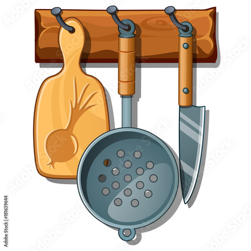 Cutting board, colander, knife. Set of kitchen implements on wooden rack. Collection of home cookware. Vector Illustration in cartoon style isolated on white background
