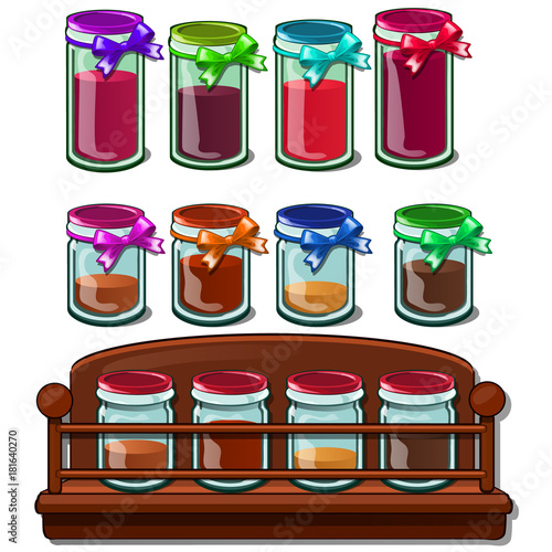 Set of jars with multi-colored bank with spices. Transparent containers with various bulk product on a wooden stand. Vector Illustration in cartoon style isolated on white background © Lady-Luck