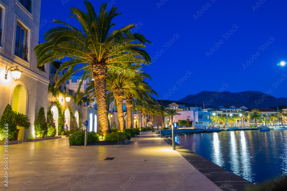 Obraz premium Tivat by night, Port of Montenegro, Kingdom of Dalmatia, Balkan Peninsula, Montenegro, Europe