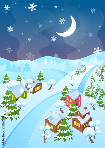 Vector illustration of cartoon winter village and road at night. Top perspective view. Christmas eve town at night.