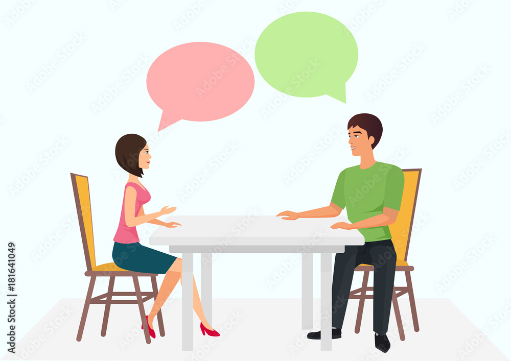 Young man and woman are sitting at the table and have conversation. Male female talking dialogue chats. Vector illustration